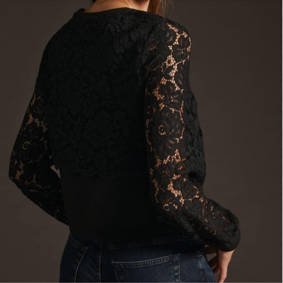 Anthropologie Maeve Lace Floral Black Top Blouse Sweatshirt small - Picture 8 of 16
